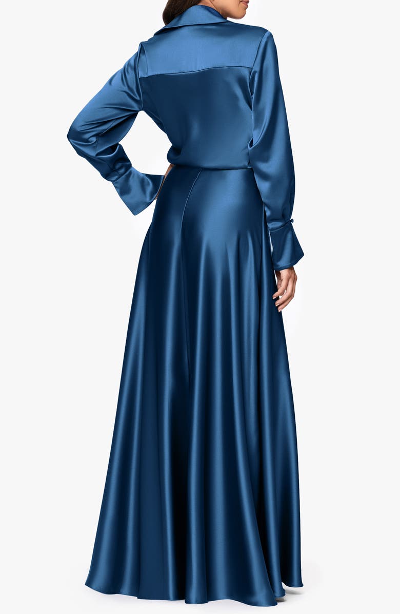 Xscape Evenings Spread Collar Long Sleeve Satin Gown, Alternate, color, Ocean
