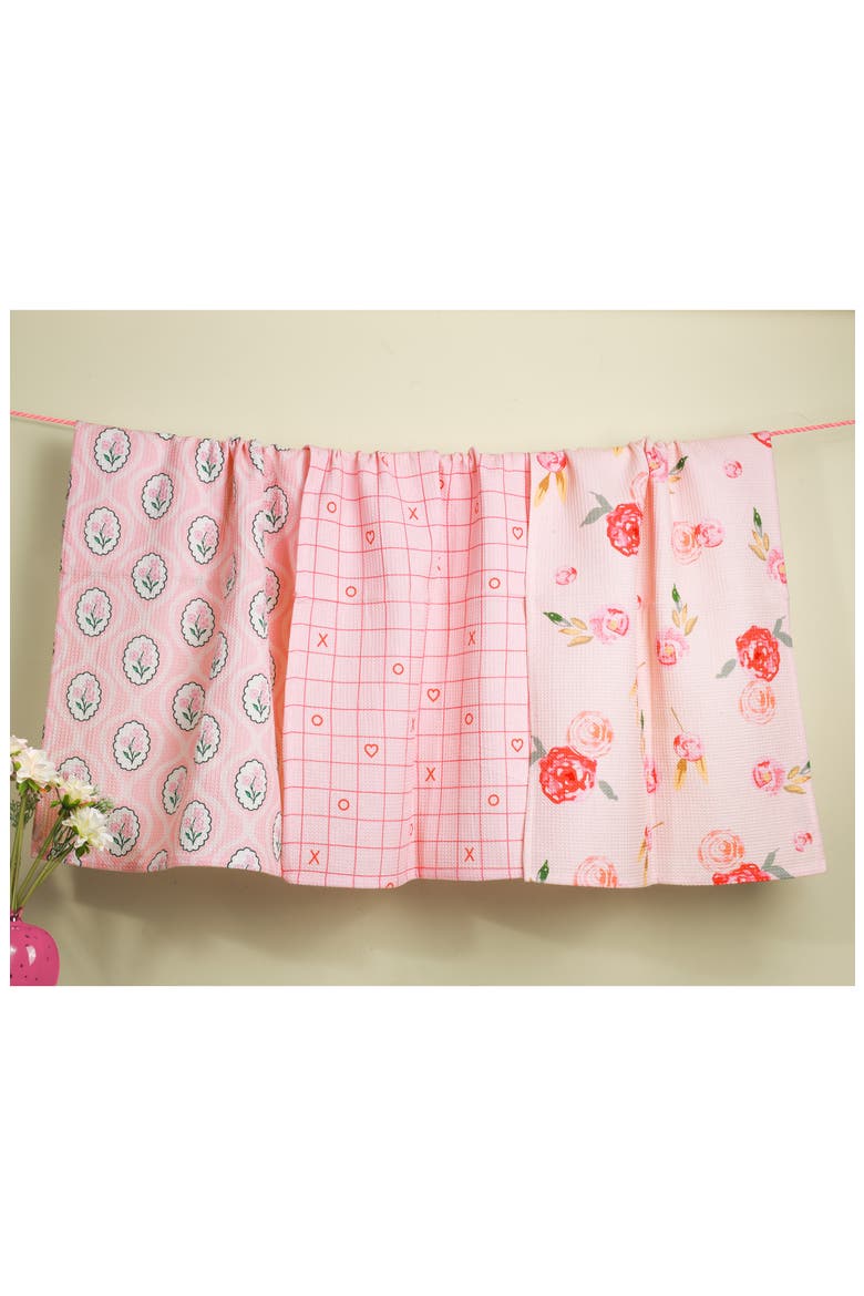 Rosy Whimsy Set of 3 Cotton Waffle Kitchen Towels, Alternate, color, ROSE/ POPPY / WHITE