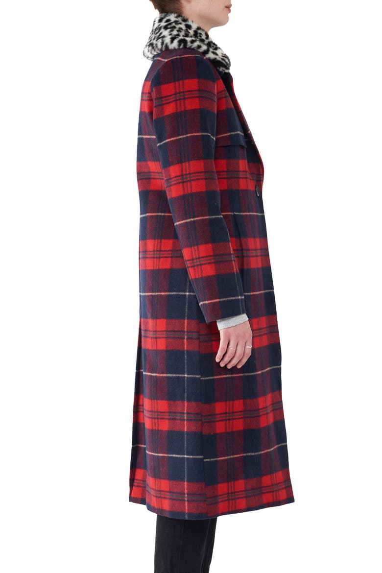 Faux Fur Collar Plaid Long Coat, Alternate, color, RED PLAID