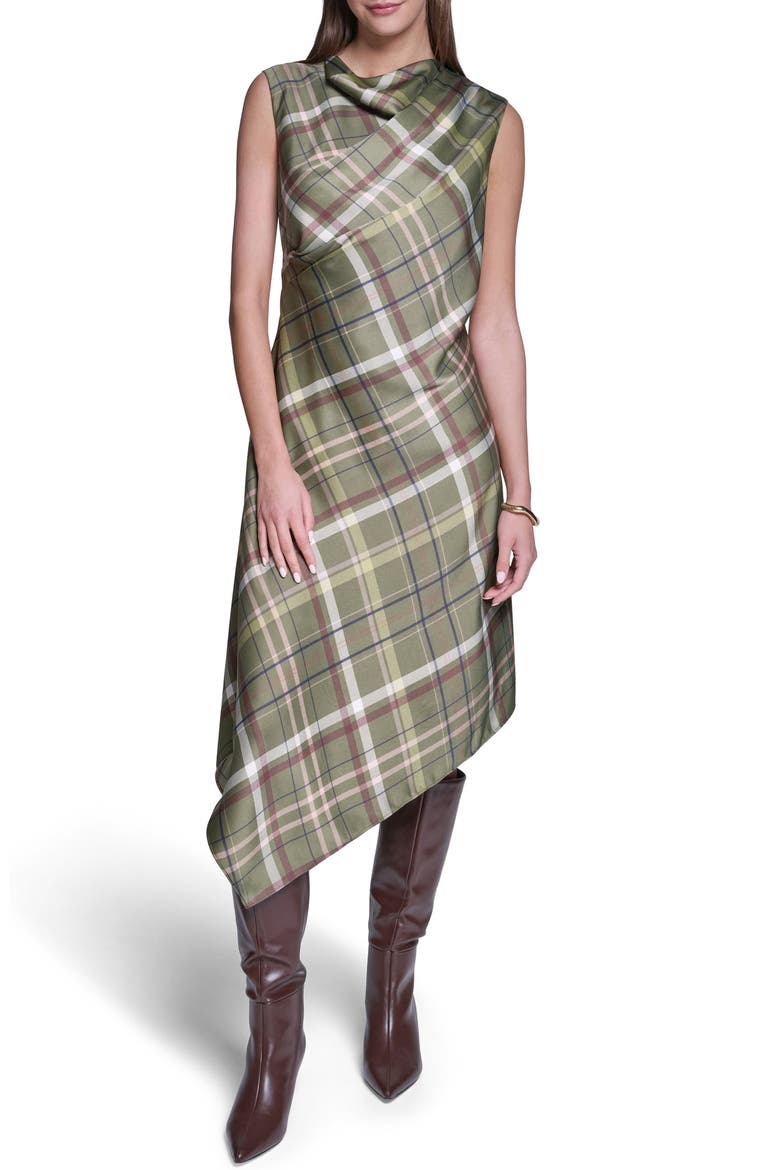 Plaid Cowl Neck Asymmetrical Midi Dress, Main, color, OLIVE PLAID