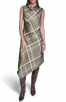 Plaid Cowl Neck Asymmetrical Midi Dress
