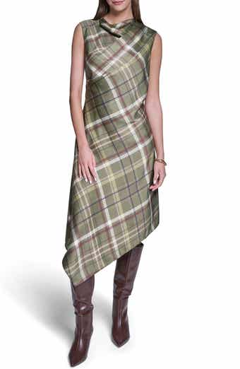 Plaid Cowl Neck Asymmetrical Midi Dress