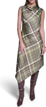 HALSTON Plaid Cowl Neck Asymmetrical Midi Dress
