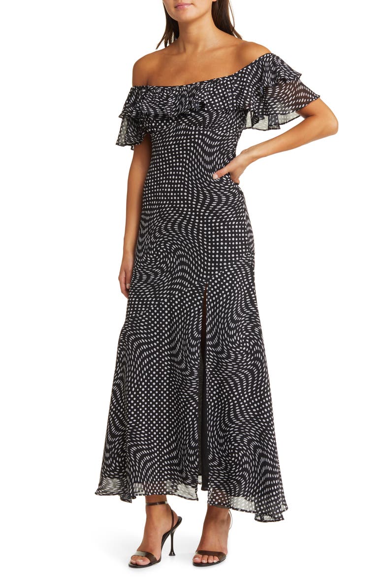 WAYF Polka Dot Ruffle Off the Shoulder Dress, Main, color, 