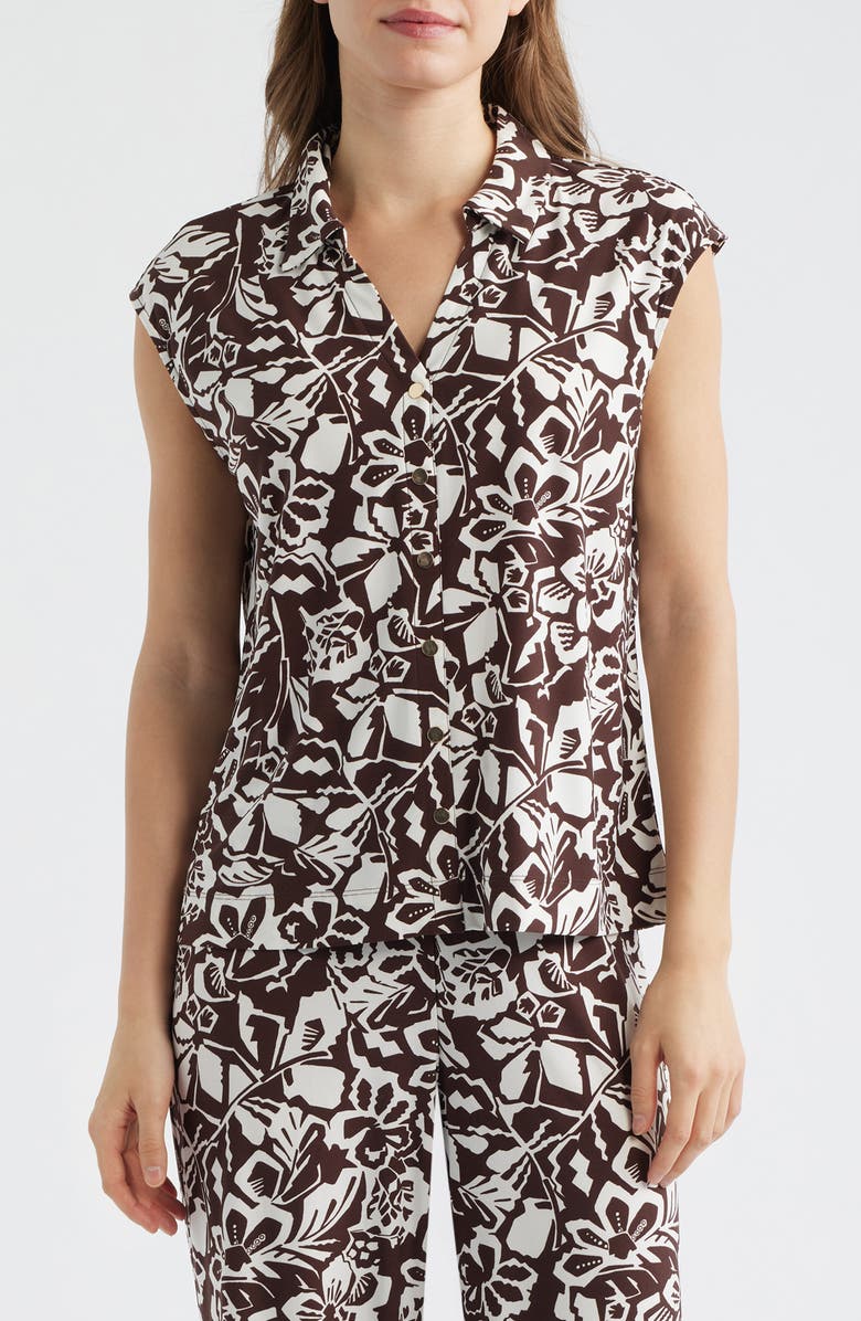 AK ANNE KLEIN Floral Print Cap Sleeve Shirt, Main, color, Dark Chocolate/ White Dove