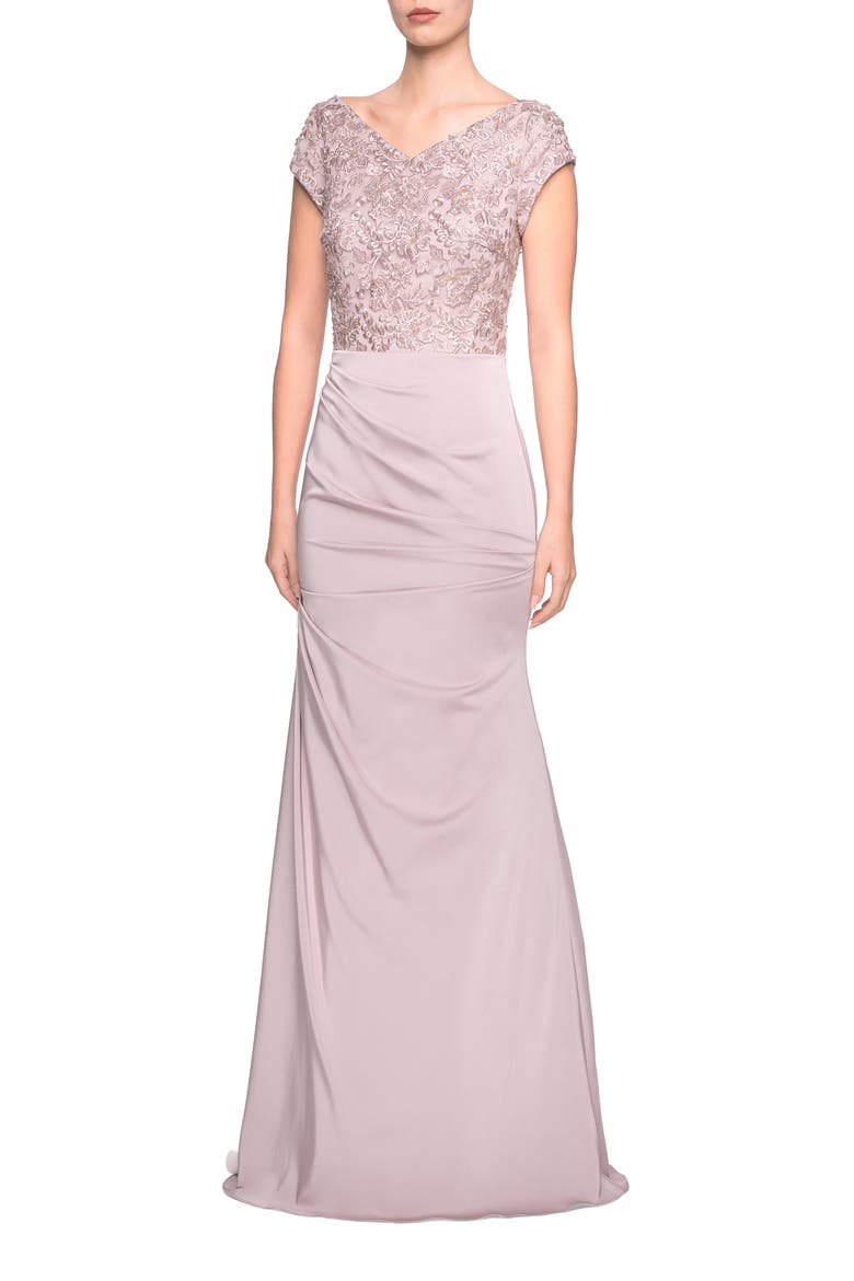 Long Jersey Ruched Dress with Embellished Top, Main, color, CHAMPAGNE