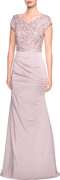 La Femme Long Jersey Ruched Dress with Embellished Top