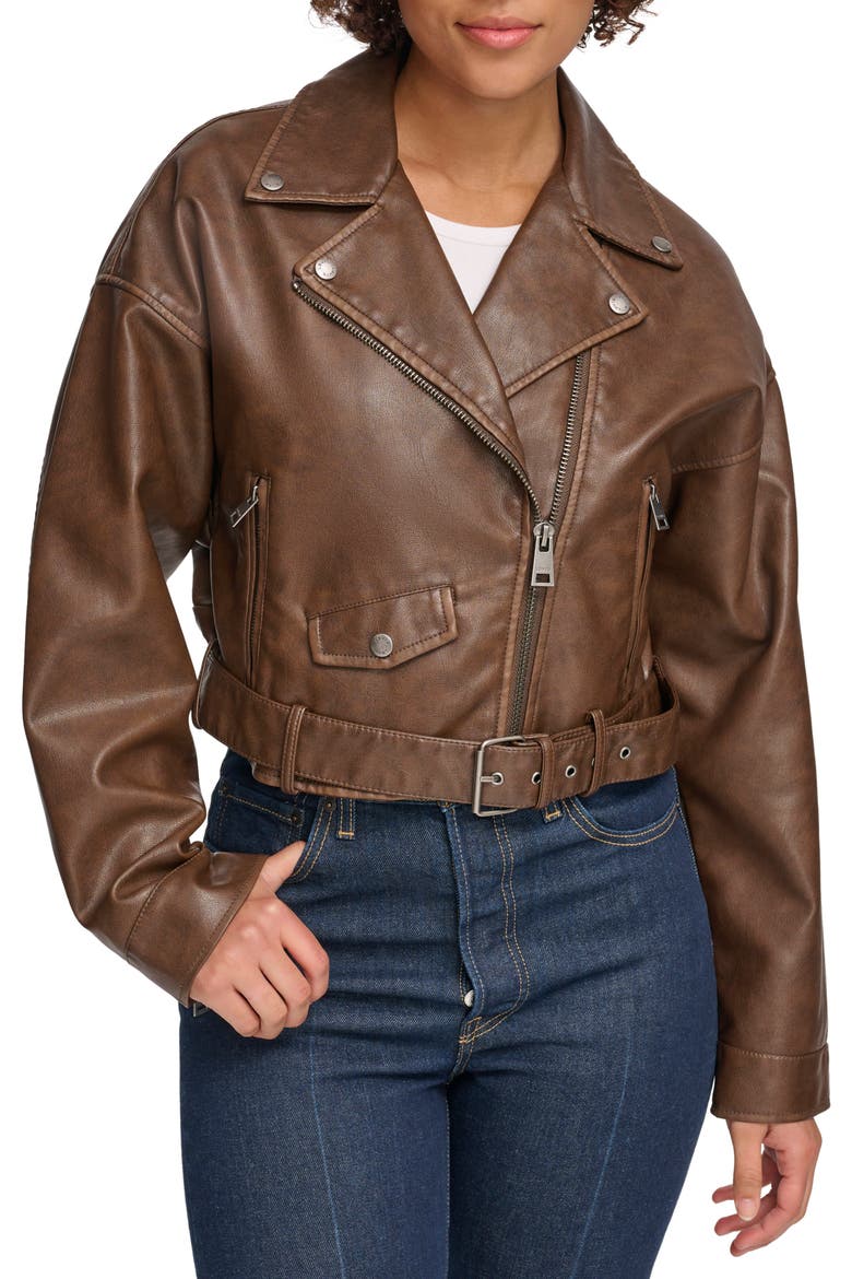 Faux Leather Moto Jacket, Main, color, SADDLE