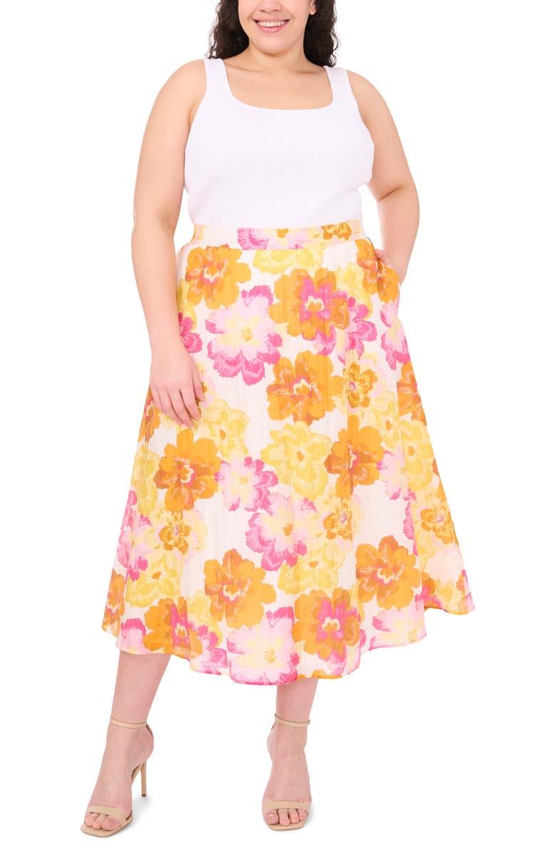 CeCe Floral Print Midi Skirt, Alternate, color, Radiant Yellow