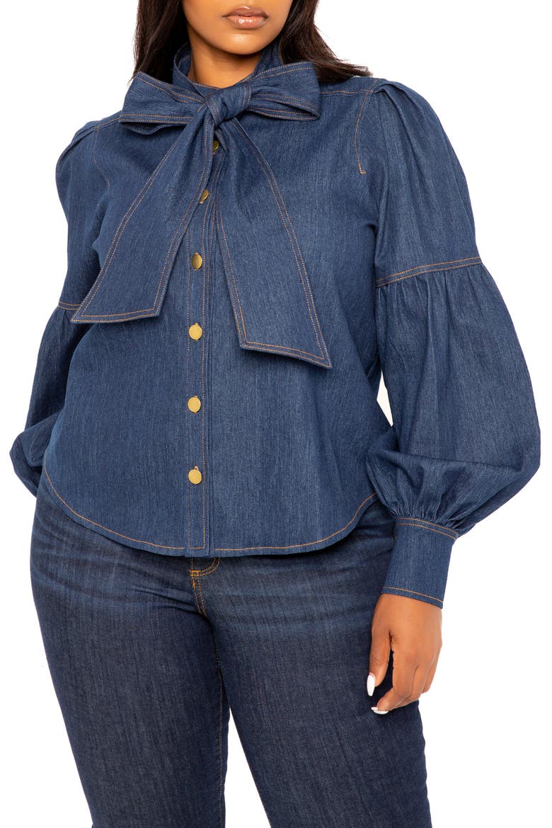 Bow Neck Puff Shoulder Denim Shirt, Main, color, DENIM BLUE