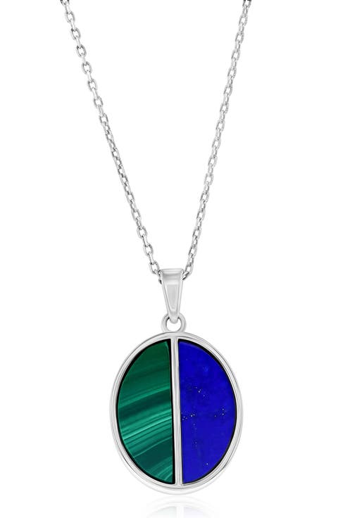 Sterling Silver Malachite & Lapis Lazuli Oval Pendant Necklace