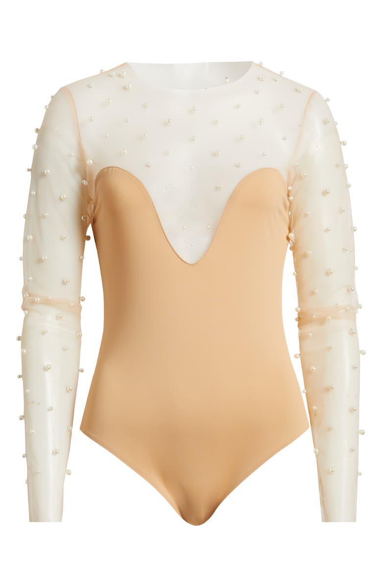 NADINE MERABI Hettie Faux Pearl Illusion Neck Bodysuit, Alternate, color, White