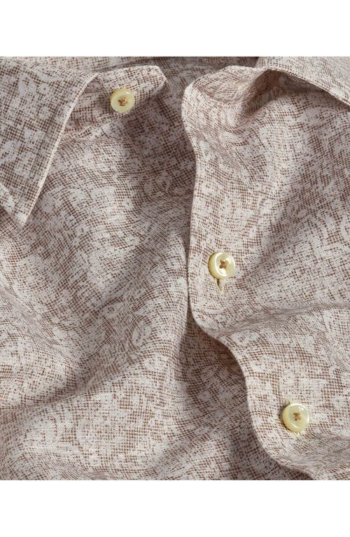 David Donahue Texture Floral Print Short Sleeve Linen & Cotton Shirt In Dune