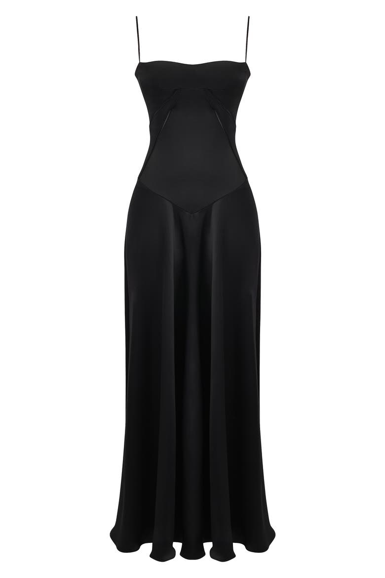 Anabella Lace-Up Satin Gown, Alternate, color, BLACK