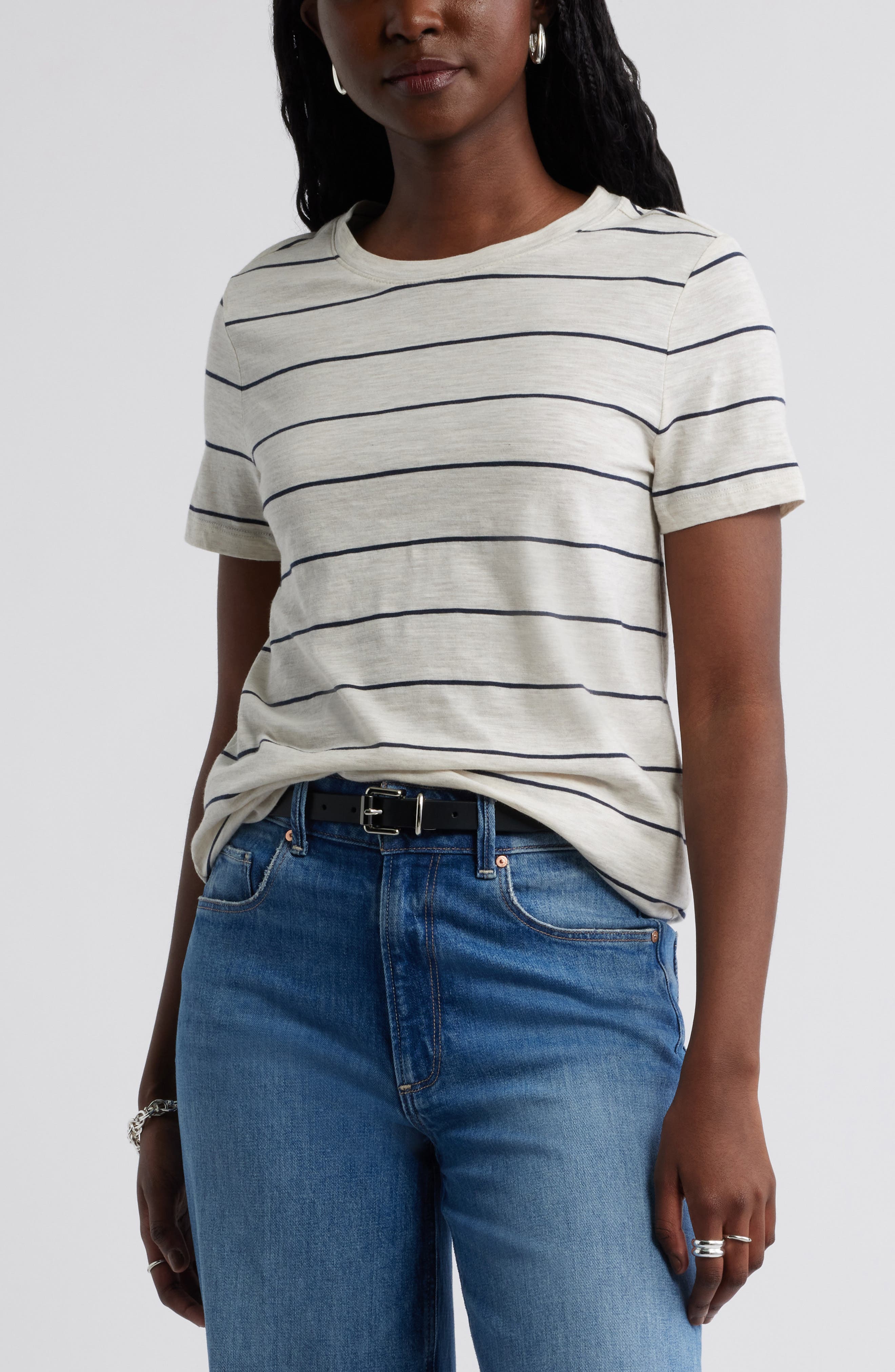 BEIGE HEATHER- NAVY STRIPE