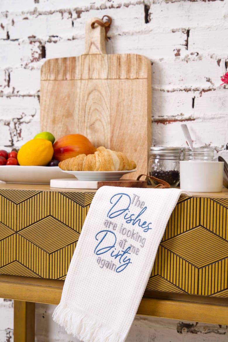 Dishes Looking At Embroidered Waffle Weave Kitchen Towel, Alternate, color, White