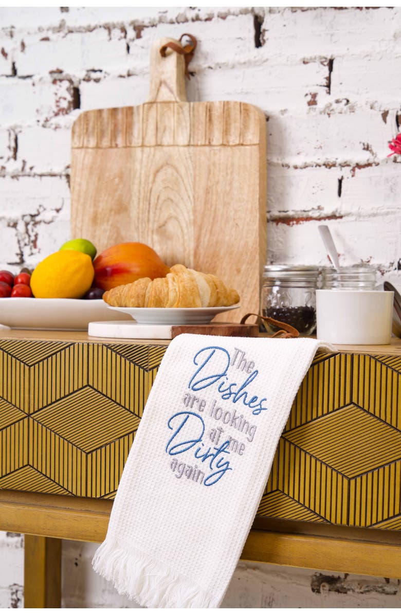 carol & frank Dishes Looking At Embroidered Waffle Weave Kitchen Towel, Alternate, color, White