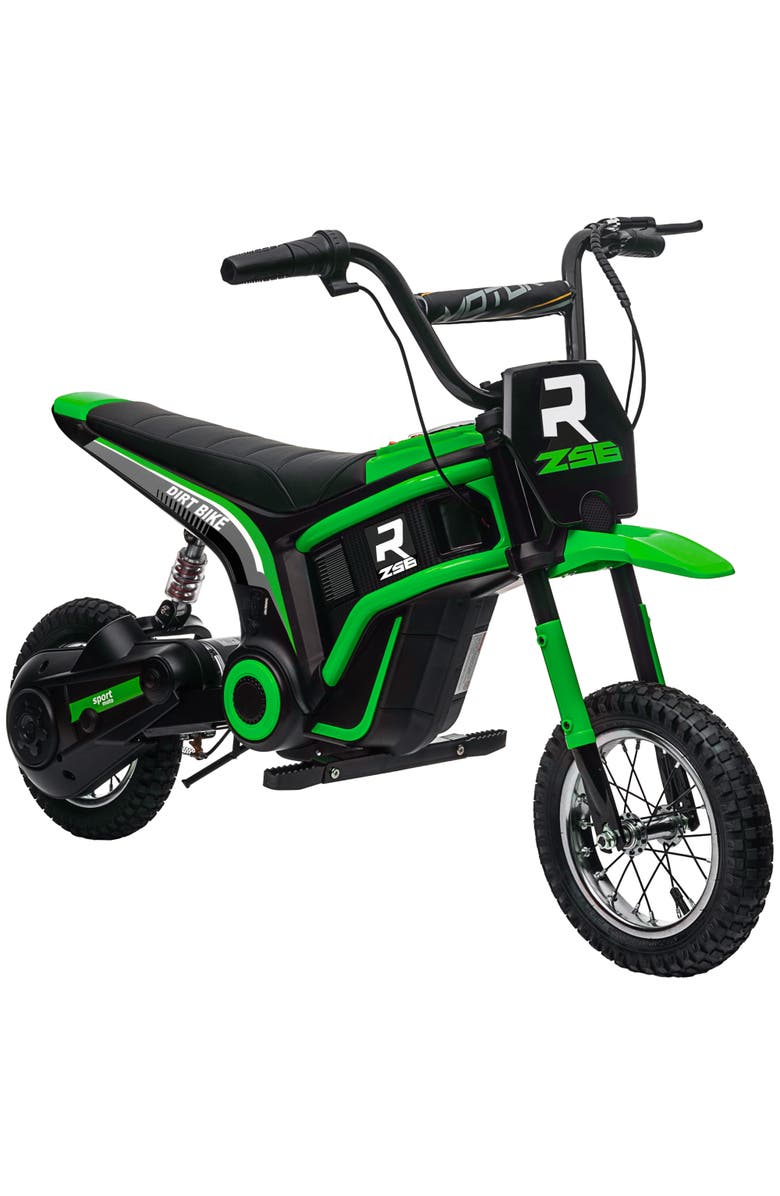 Aosom 24V 350W Electric Dirt Bike with Twist Grip Throttle, 15 MPH, Music Horn, Rear Suspension, Main, color, Green