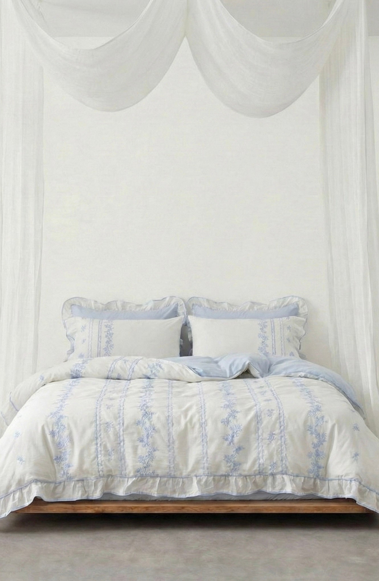 Ever Lasting Embroidered French Lace Ruffle Bedding Set, Alternate, color, Blue / Flat