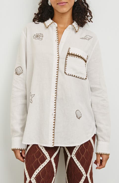 Saya Embroidered Detail Linen Blend Button-Up Shirt