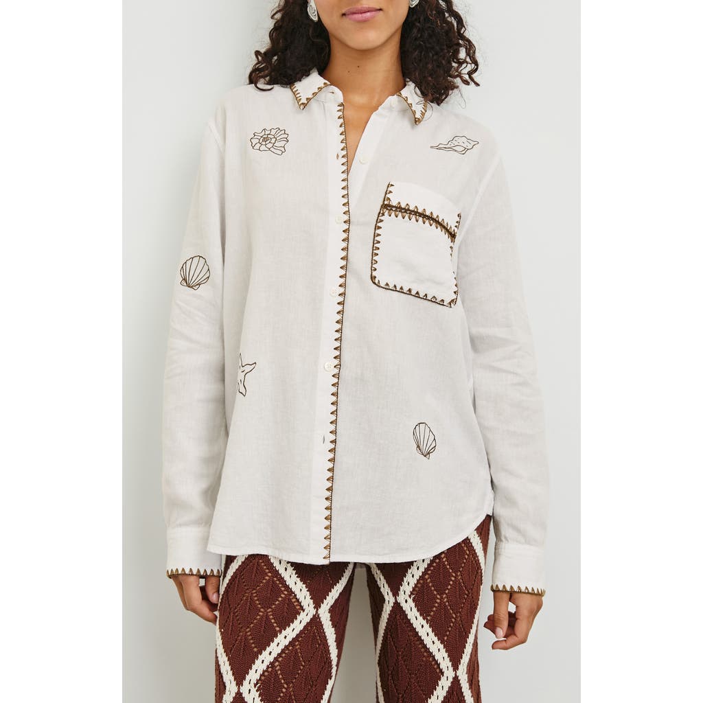 Rails Saya Embroidered Detail Linen Blend Button-up Shirt In White Marine Embroid