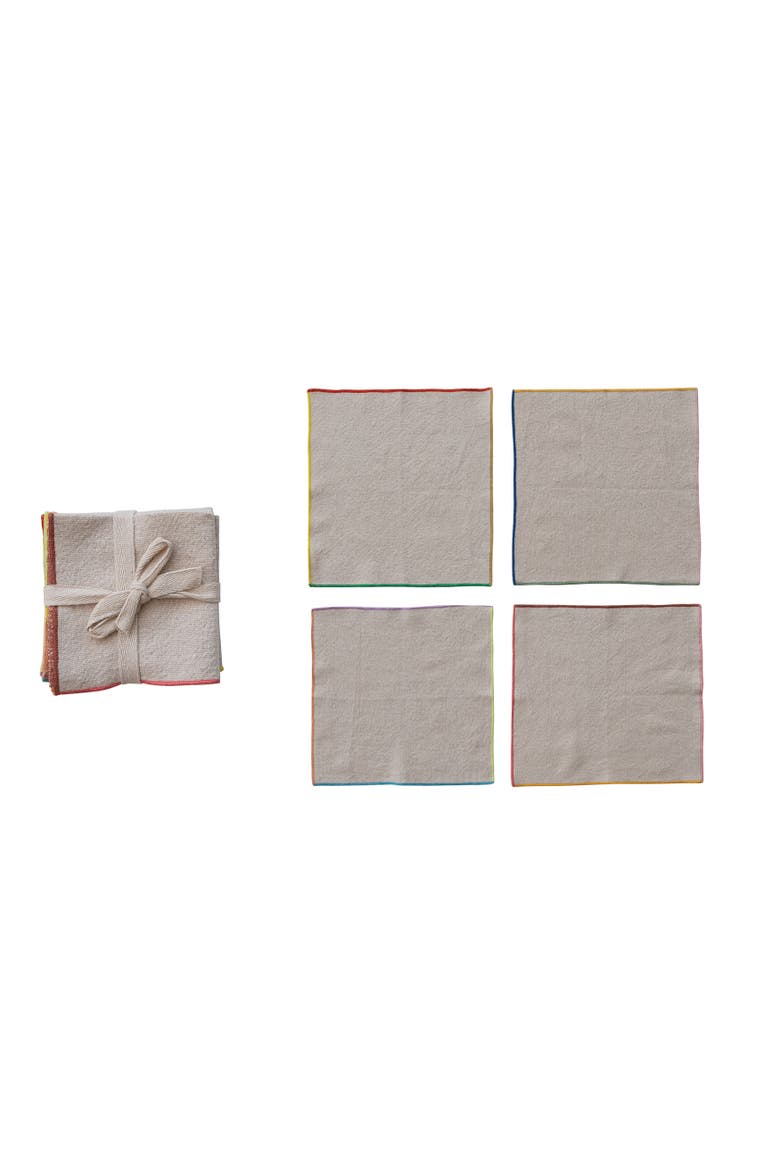 4-Piece Large Woven Cotton Cocktail Napkins with Stitched Colored Trim, Multicolor, Main, color, Tan