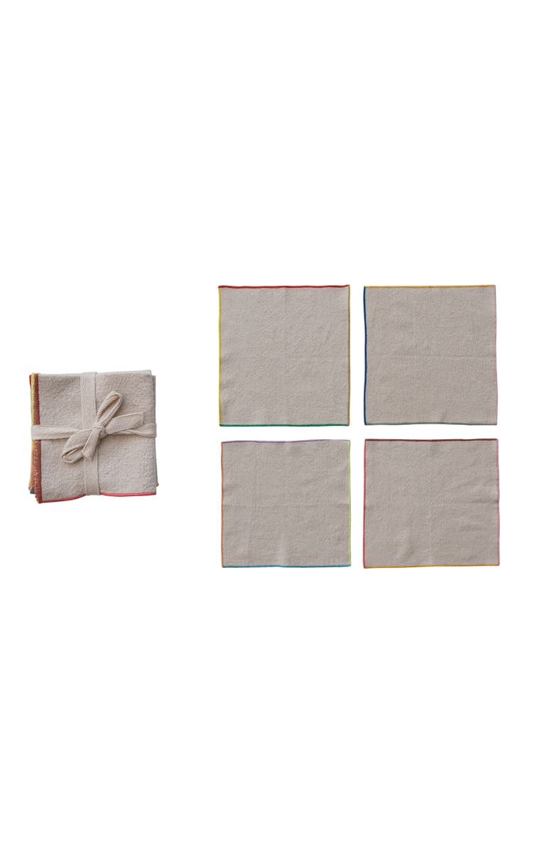 Storied Home 4-Piece Large Woven Cotton Cocktail Napkins with Stitched Colored Trim, Multicolor, Main, color, Tan