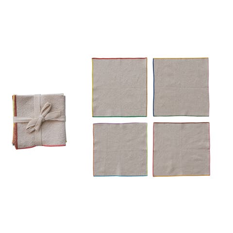 4-Piece Large Woven Cotton Cocktail Napkins with Stitched Colored Trim, Multicolor
