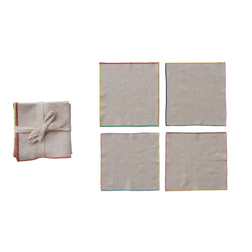 Storied Home 4-piece Large Woven Cotton Cocktail Napkins With Stitched Colored Trim, Multicolor In Brown