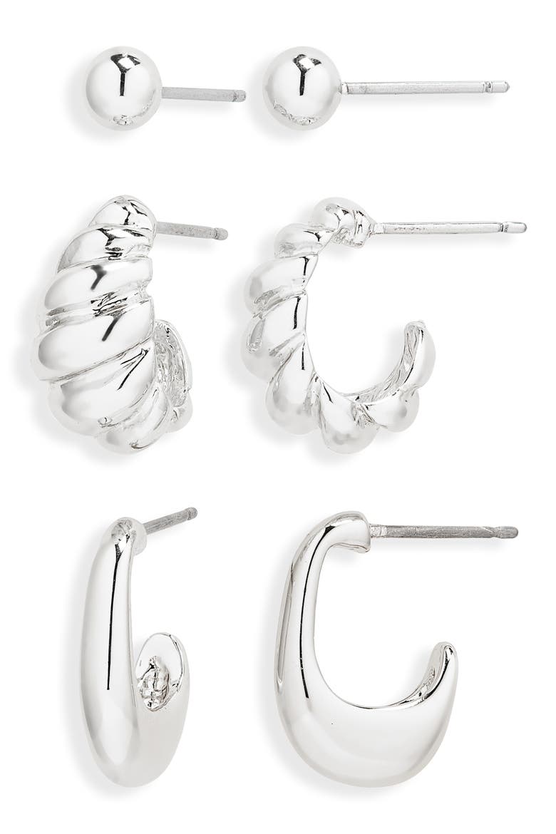 Demi Fine Set of 3 Ball Stud & Huggie Hoop Earrings, Main, color, SILVER