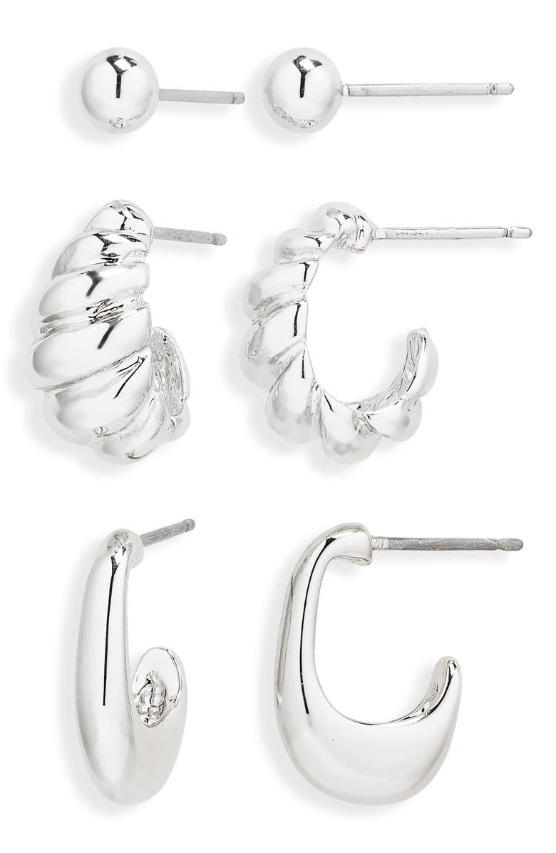 NORDSTROM RACK Demi Fine Set of 3 Ball Stud & Huggie Hoop Earrings, Main, color, Silver