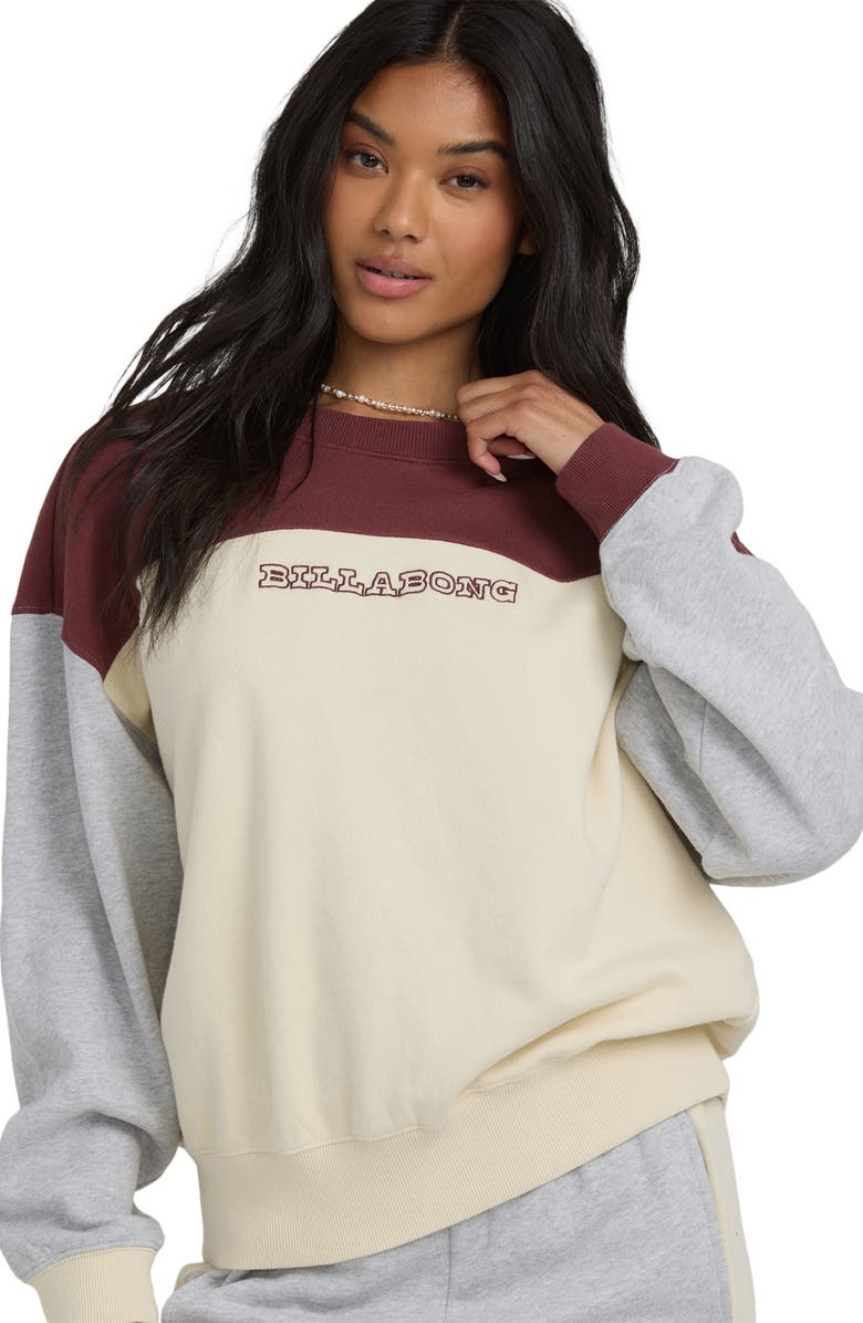 Billabong Get It Kendal Embroidered Colorblock Cotton Blend Fleece Sweatshirt, Alternate, color, Pinot