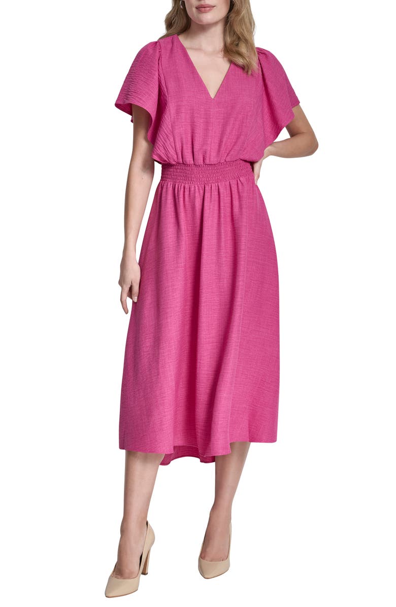 DKNY Smocked High-Low Dress, Main, color, Rose Violet