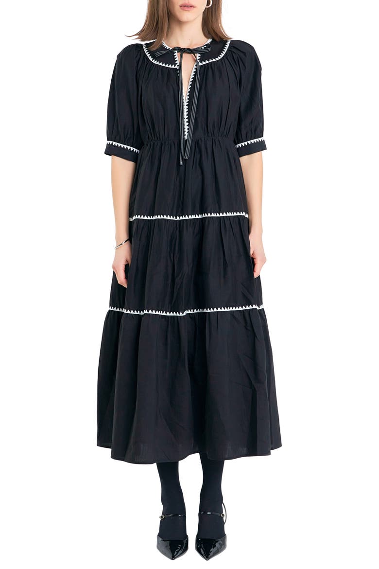 Embroidered Puff Sleeve Tiered Midi Dress, Main, color, BLACK/ WHITE