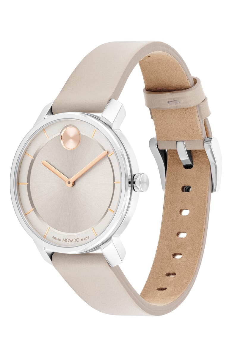 Movado Bold Horizon Leather Strap Watch, 34mm, Alternate, color, Gray Dial
