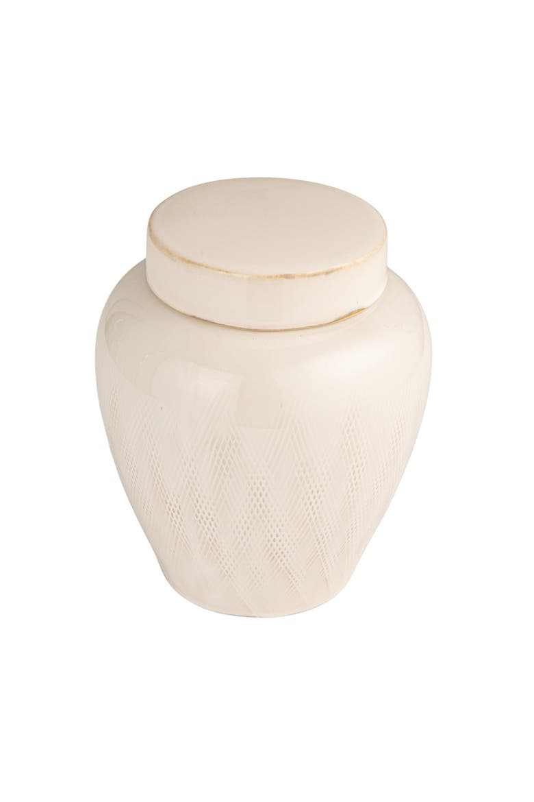 Decorative Debossed Stoneware Ginger Jar with Pattern, Lid and Reactive Glaze, White, Main, color, White