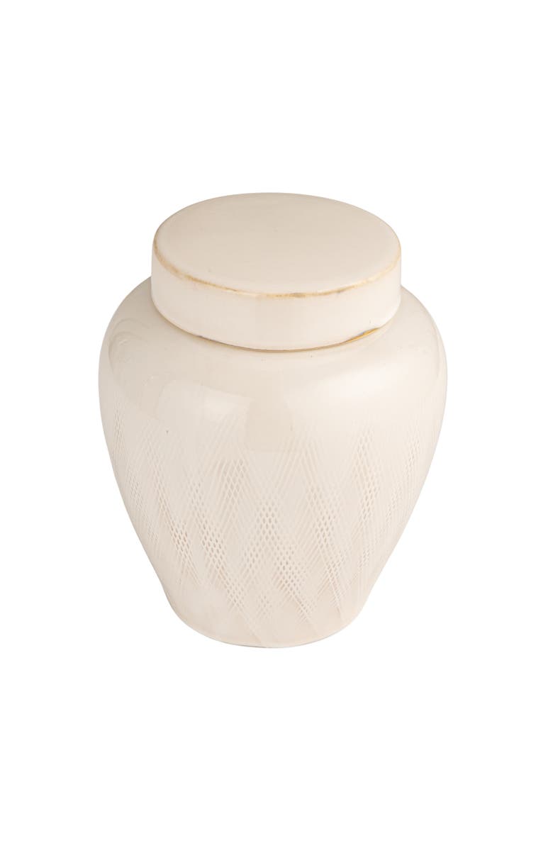 Storied Home Decorative Debossed Stoneware Ginger Jar with Pattern, Lid and Reactive Glaze, White, Main, color, White