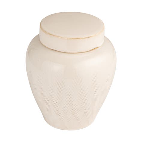 Decorative Debossed Stoneware Ginger Jar with Pattern, Lid and Reactive Glaze, White