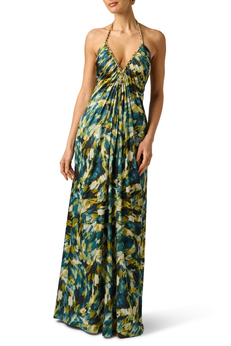 Print Halter Satin Gown, Main, color, GREEN MULTI