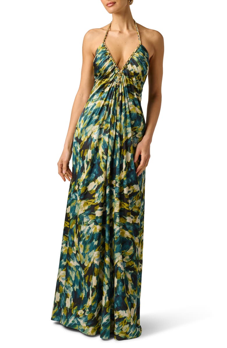 Adrianna Papell Print Halter Satin Gown, Main, color, 