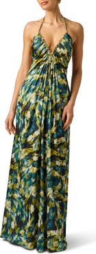Adrianna Papell Print Halter Satin Gown