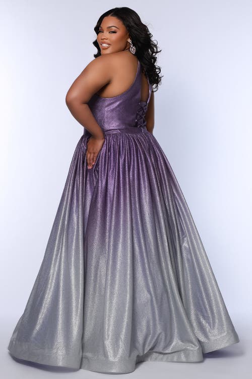 Sydney's Closet Halter Neck A-line Plus Size Formal Gown In Grape