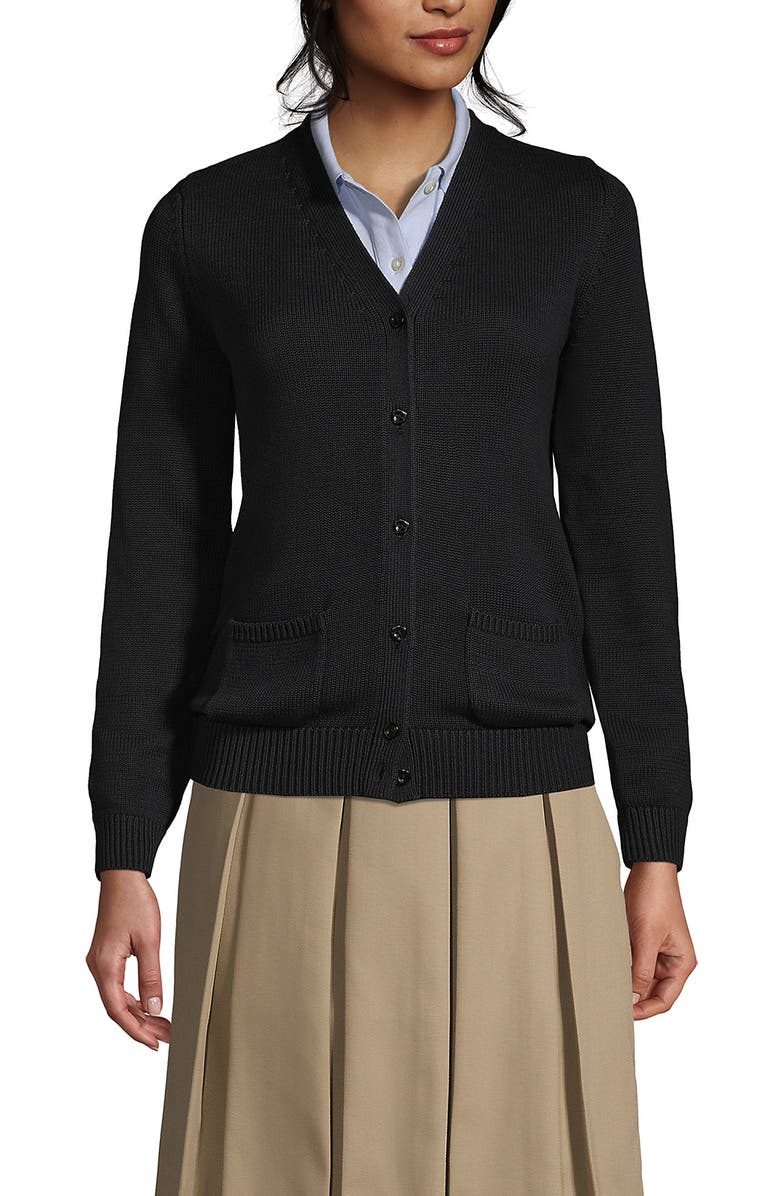Lands' End School Uniform  Cotton Modal Button Front Cardigan Sweater, Main, color, Black