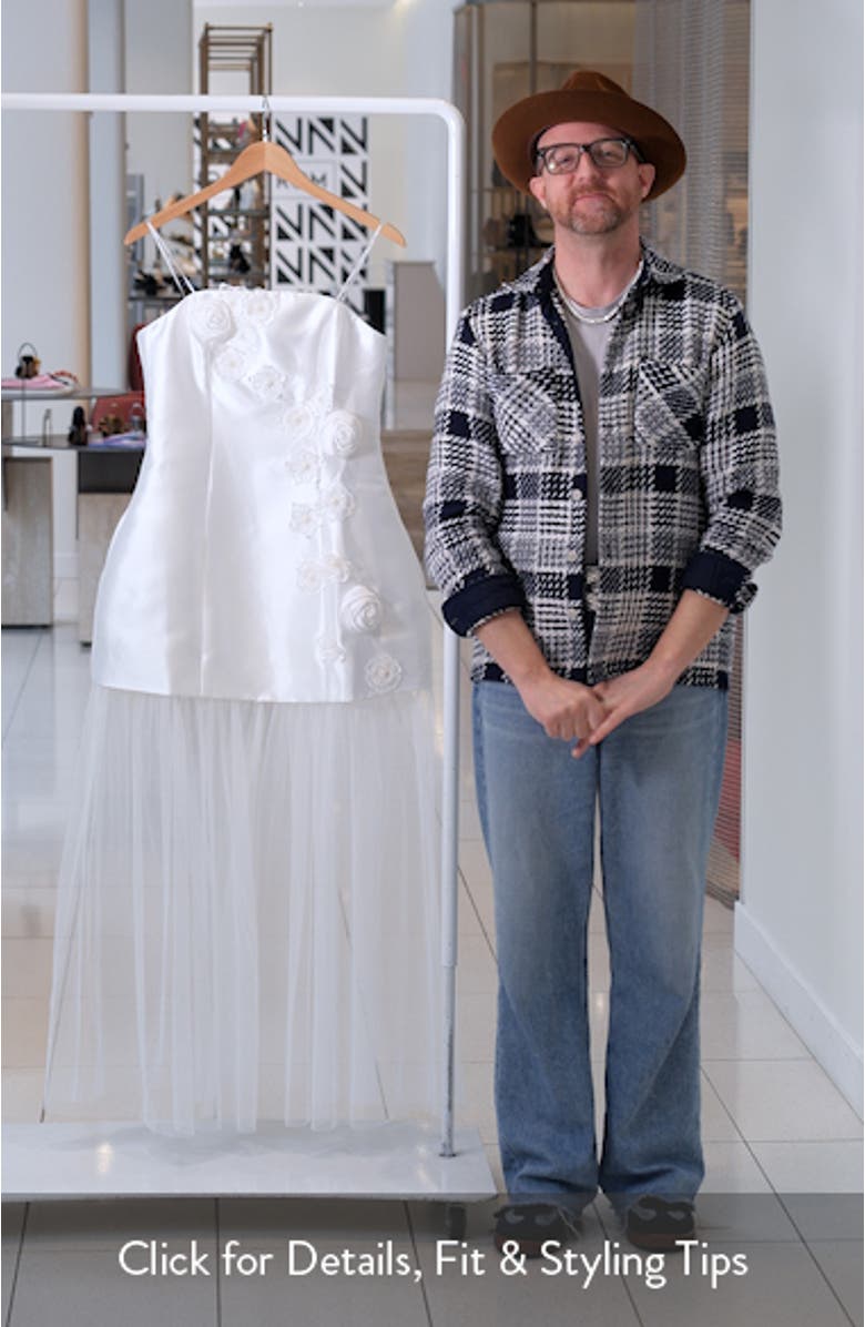 Oleander Floral Appliqué Strapless Cocktail Minidress with Removable Sheer Maxi Skirt, sales video thumbnail