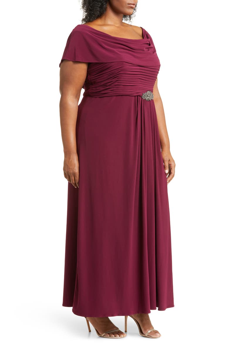 Cowl Neck Beaded Waist Gown, Alternate, color, MERLOT