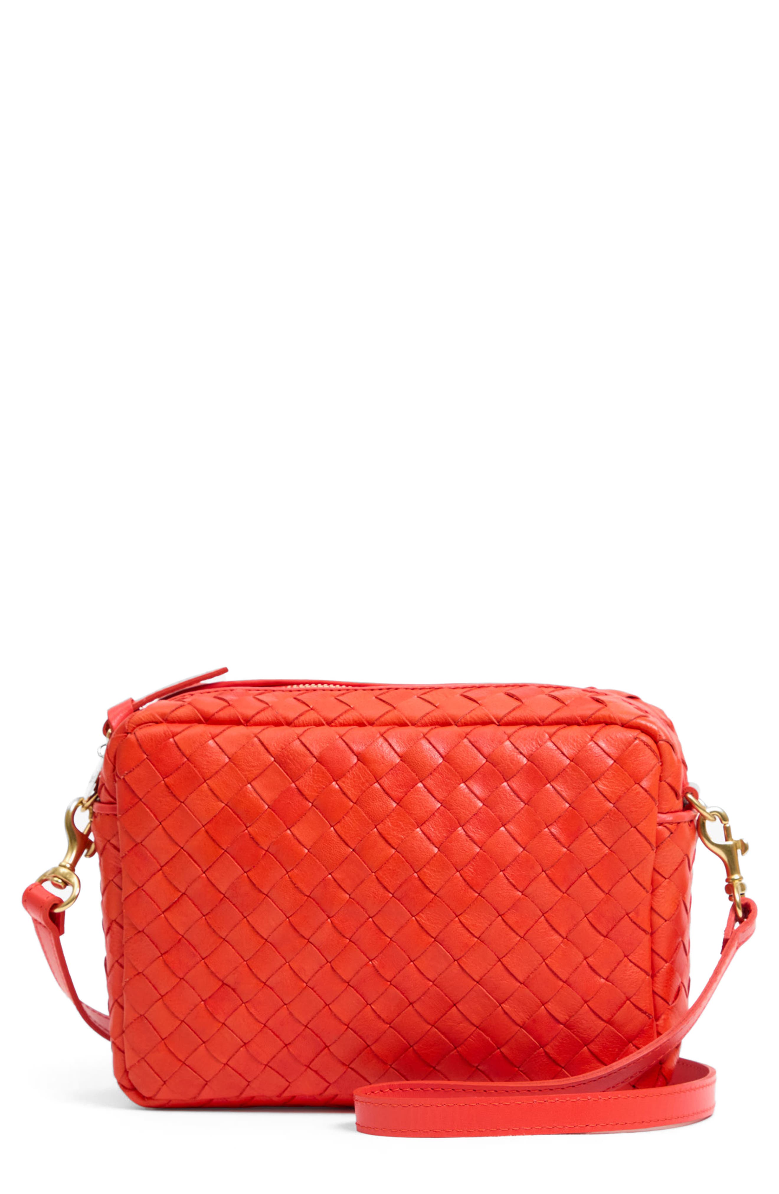 Clare V. Midi Sac Woven Leather Crossbody Bag, Main, color, Bright Poppy