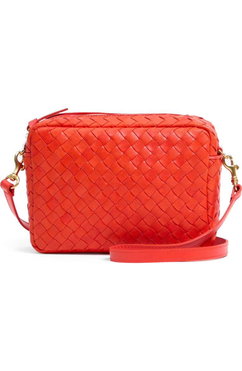 Clare V. Midi Sac Woven Leather Crossbody Bag, Main, color, Bright Poppy