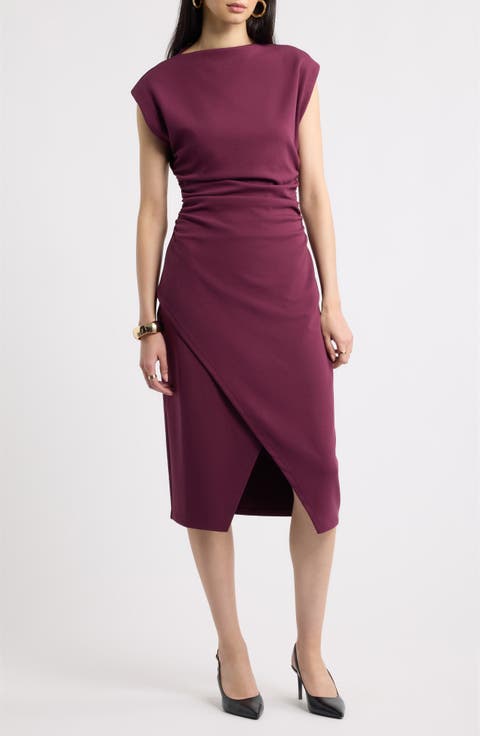Ruched Funnel Neck Midi Dress