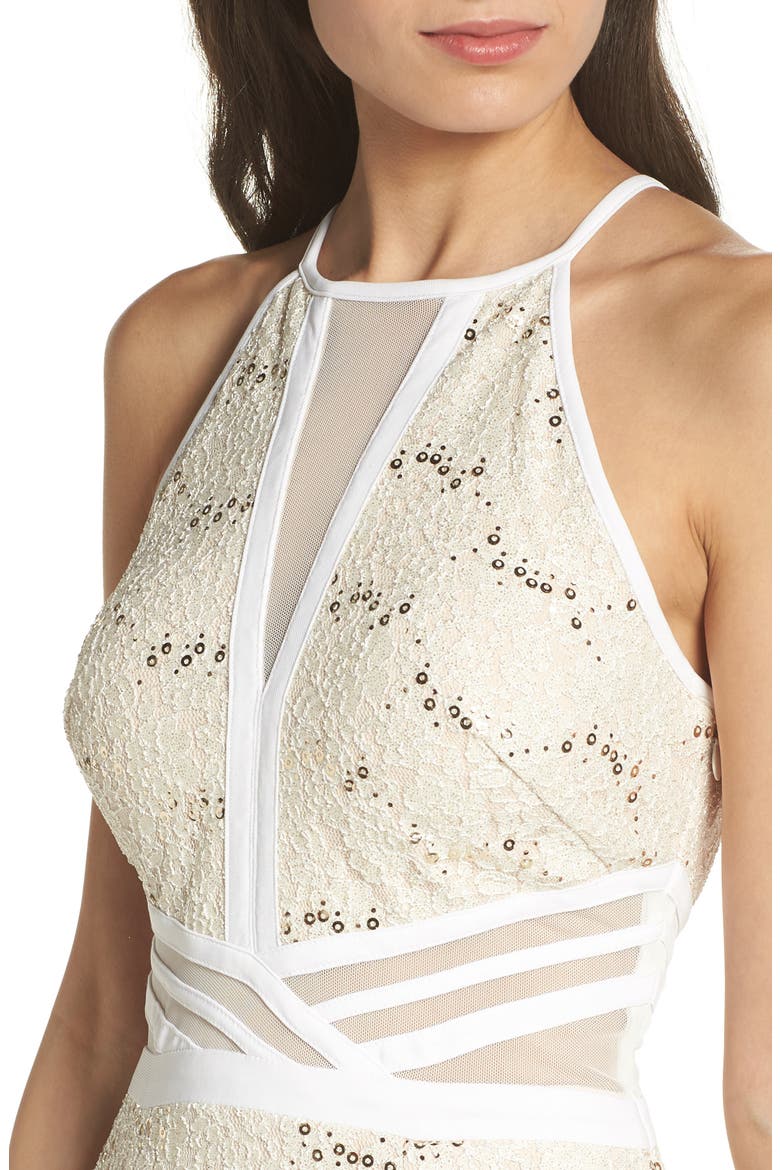 Sheer Inset Lace Fit & Flare Dress, Alternate, color, IVORY/ NUDE