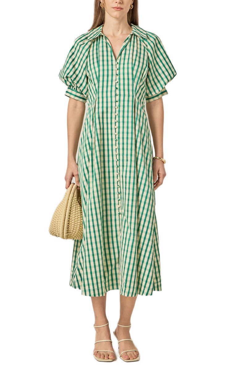 English Factory Gingham Puff Sleeve Midi Shirtdress, Main, color, Green